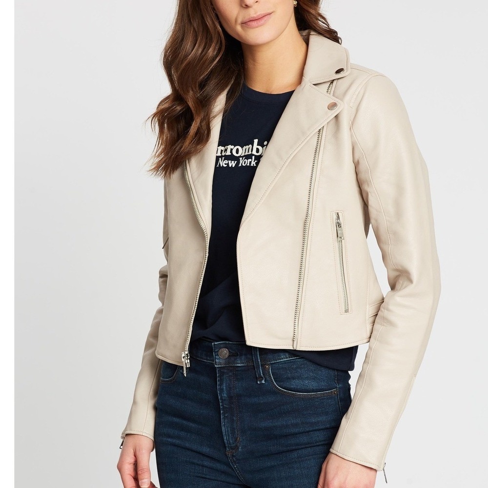 Abercrombie & Fitch Moto Jacket Womens Small Cream Biker Vegan Faux Leather Zip